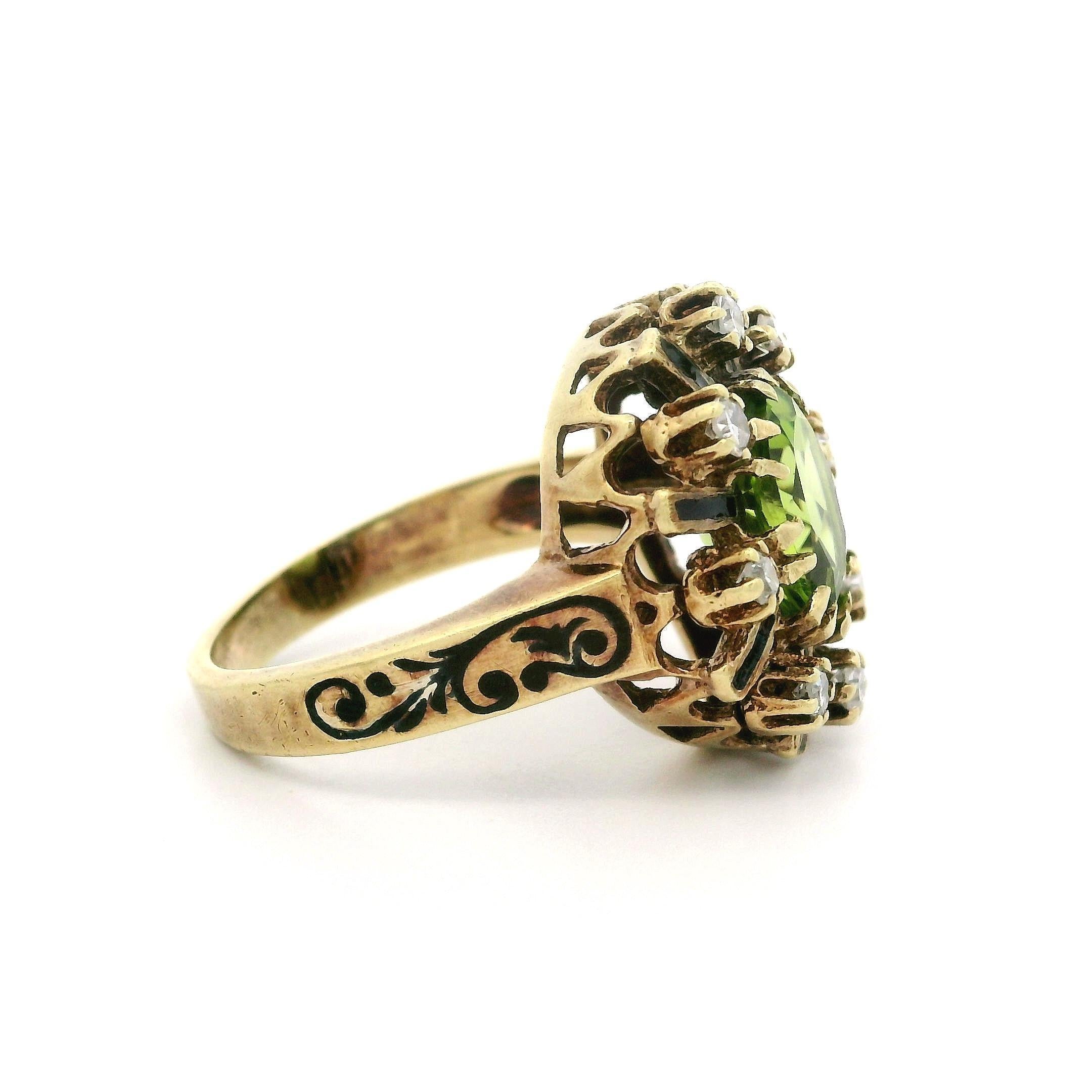 -- Stone(s) --
(1) Natural Genuine Peridot - Oval Cut - Prong Set - Rich Lime Green Color - 8.6x6.5mm - 2.08ct (approx.)
(8) Natural Genuine Diamonds - Single Cut - Prong Set - Nice White Color - 0.20ctw (approx.)
Total Carat Weight: 2.28