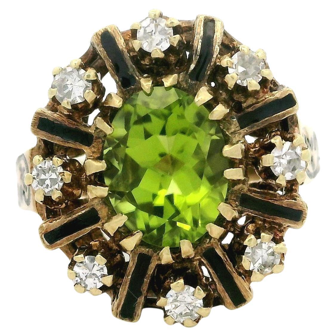Vintage Yellow Gold 2.28ctw Peridot & Diamond Black Enamel Work Cocktail Ring For Sale