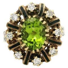 Anillo de Cóctel de Oro Amarillo Vintage de 2,28 quilates de Peridoto y Diamante con Trabajo de Esmalte Negro