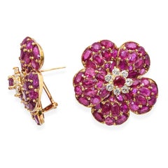 Vintage Yellow Gold 24.4tcw Ruby and 1.12tcw Diamond Flower Statement Earrings