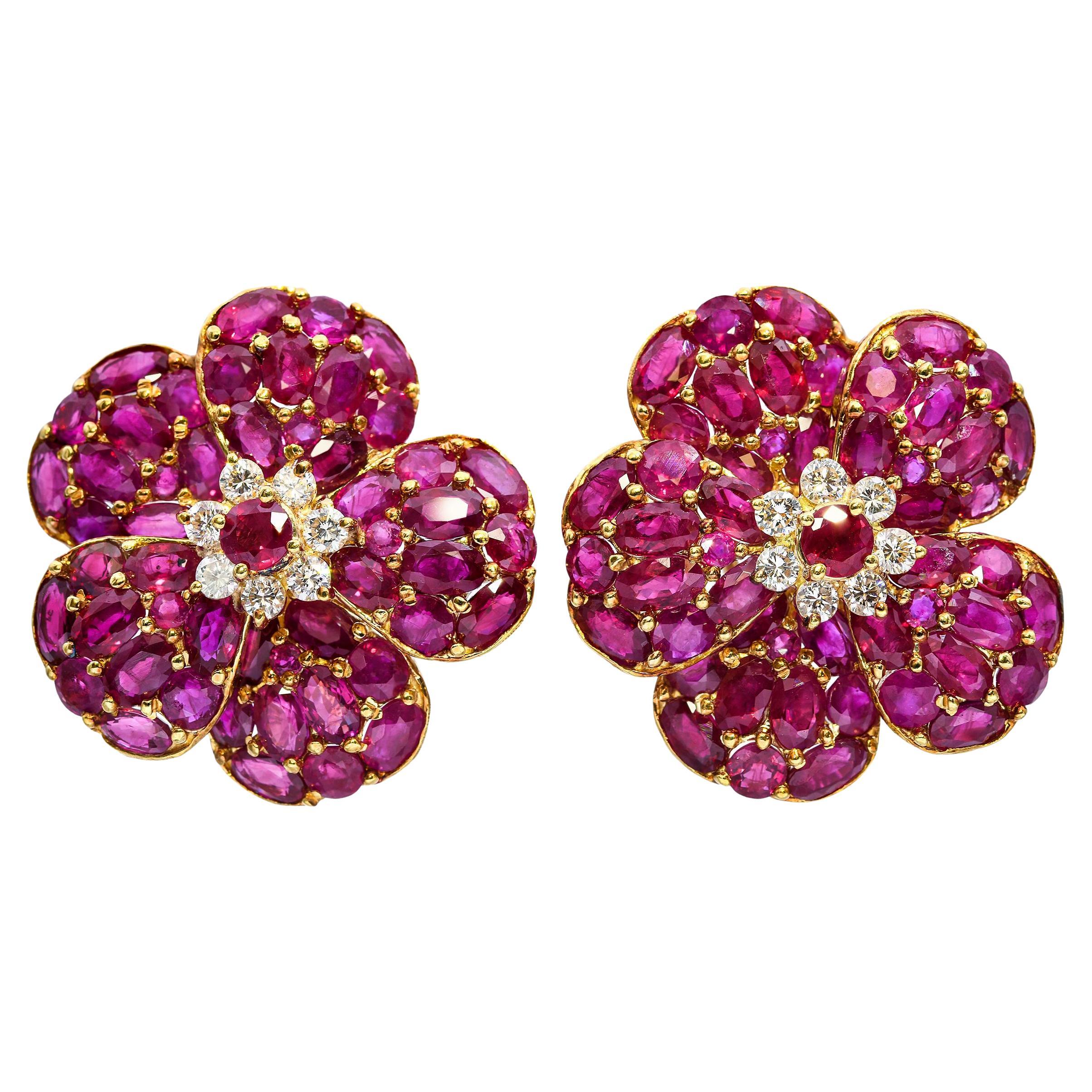 Vintage Yellow Gold 24.4tcw Ruby and 1.12tcw Diamond Flower Statement Earrings