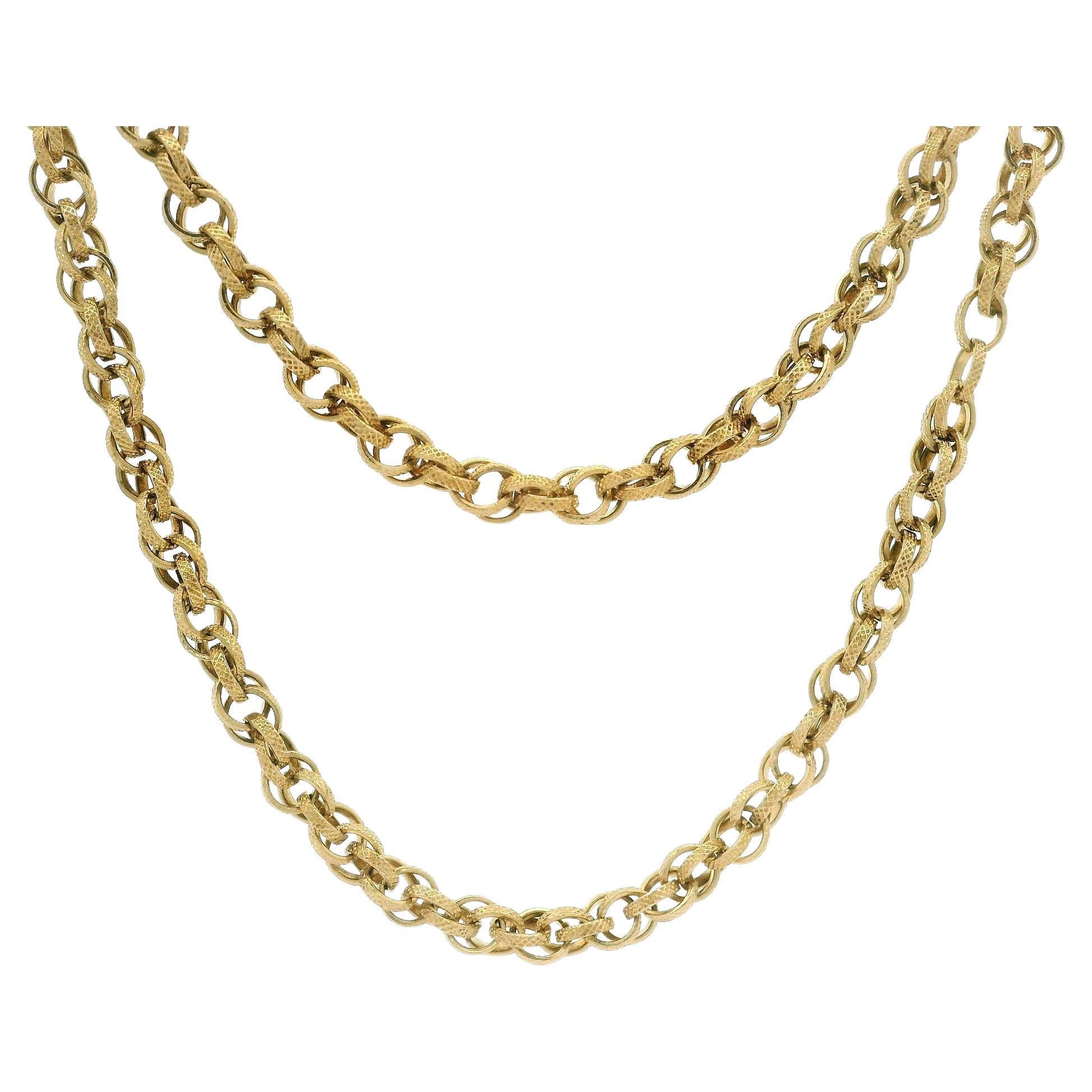 Vintage Yellow Gold 30" Long Textured Interlocking Double Cable Link Necklace
