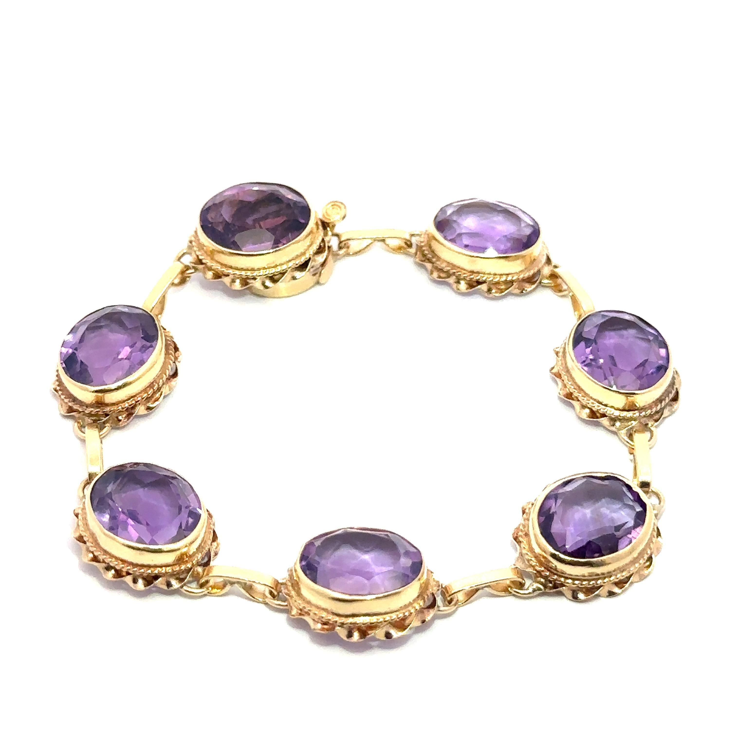 Vintage Yellow Gold 30ctw Large Oval Amethyst Twisted Wire Frame Link Barcelet