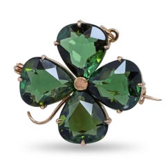 Vintage Yellow Gold 6.12tcw Green Tourmaline Four Leaf Clover Brooch Pendant