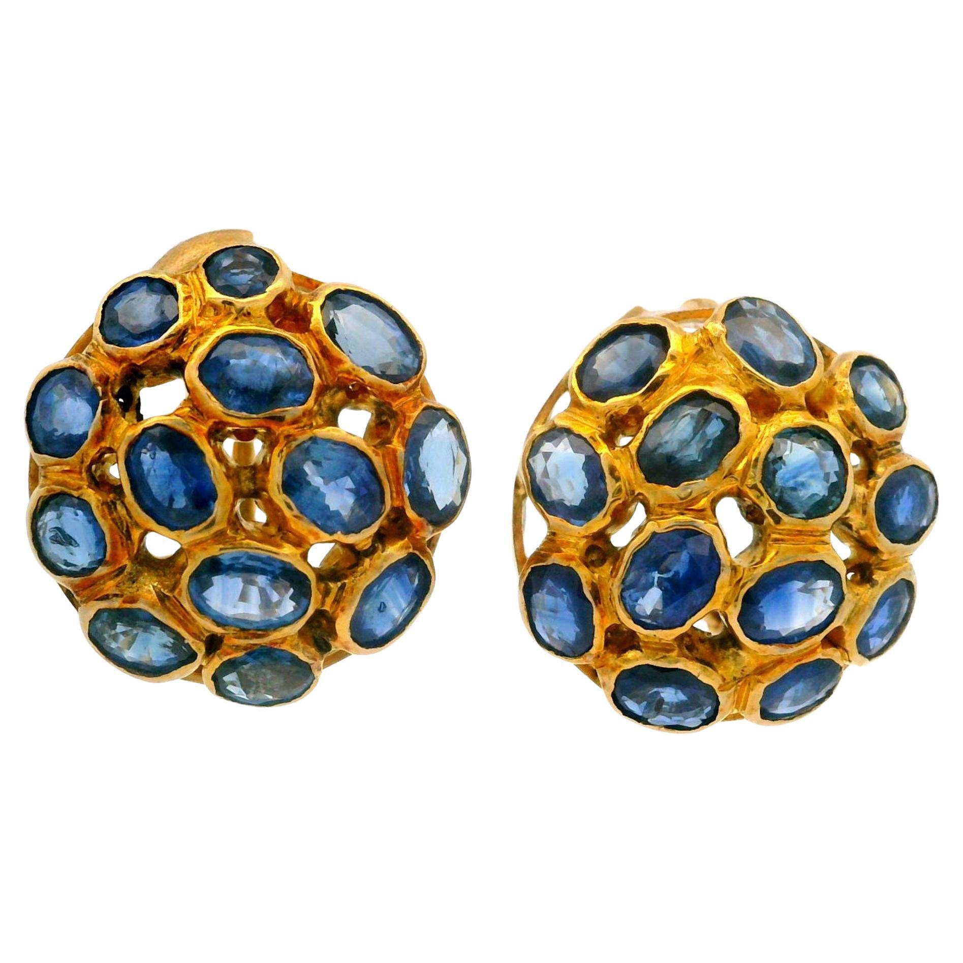 Vintage Gelbgold 6ctw Mosaik Lünette Set Saphir Omega zurück Knopf Ohrring