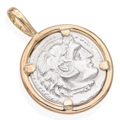 Vintage Yellow Gold Alexander the Great Silver Drachm Coin Pendant