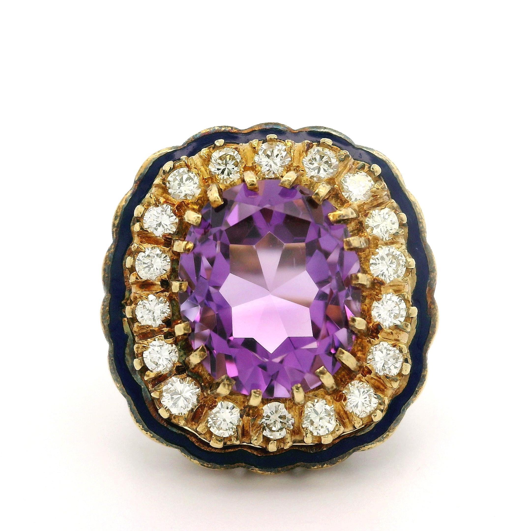 --Stone(s):--
(1) Natural Genuine Amethyst - Oval Cut - Multi Prong Set - Rich Purple Color - 12x10.16mm (approx.)
(18) Natural Genuine Diamonds - Round Brilliant Cut - Prong Set - Fiery I-K Color - VS2-I1 Clarity - 0.54ctw (approx.)

Material: