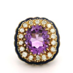 Vintage Yellow Gold Amethyst Diamond Halo Blue Enamel Work Cocktail Ring