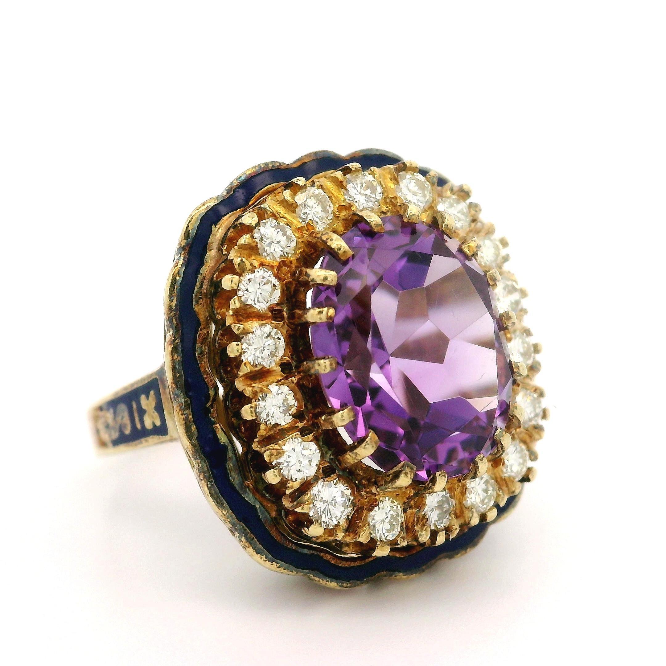 Oval Cut Vintage Yellow Gold Amethyst Diamond Halo Blue Enamel Work Cocktail Ring For Sale