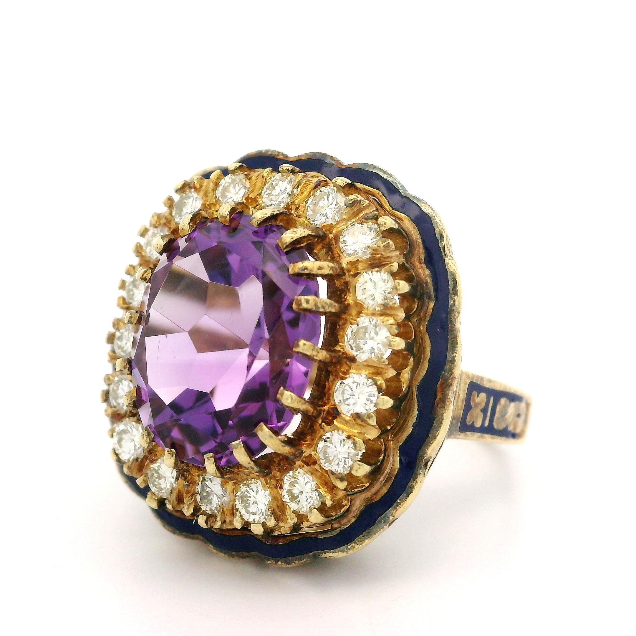 Vintage Yellow Gold Amethyst Diamond Halo Blue Enamel Work Cocktail Ring In Good Condition For Sale In Montclair, NJ