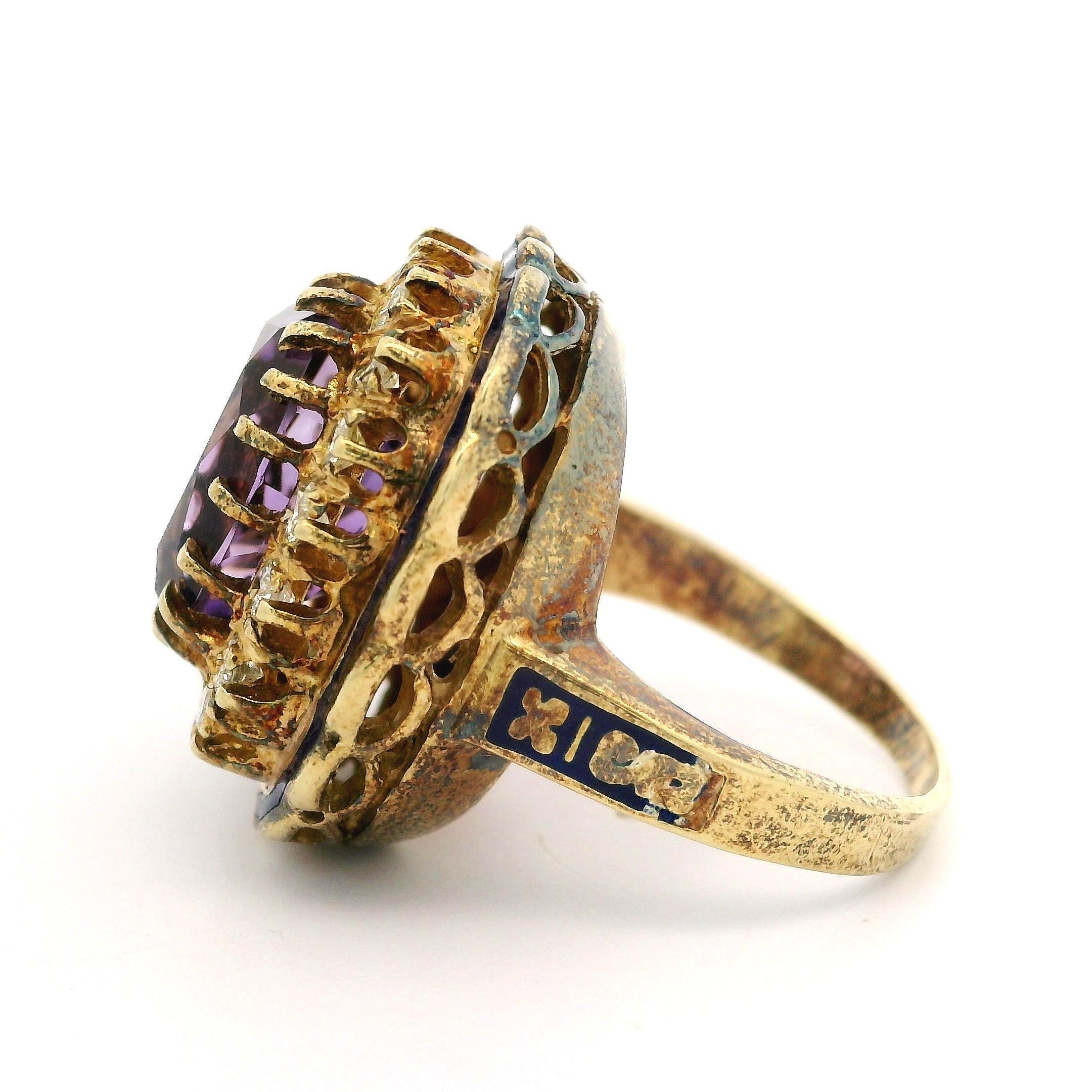 Women's Vintage Yellow Gold Amethyst Diamond Halo Blue Enamel Work Cocktail Ring For Sale