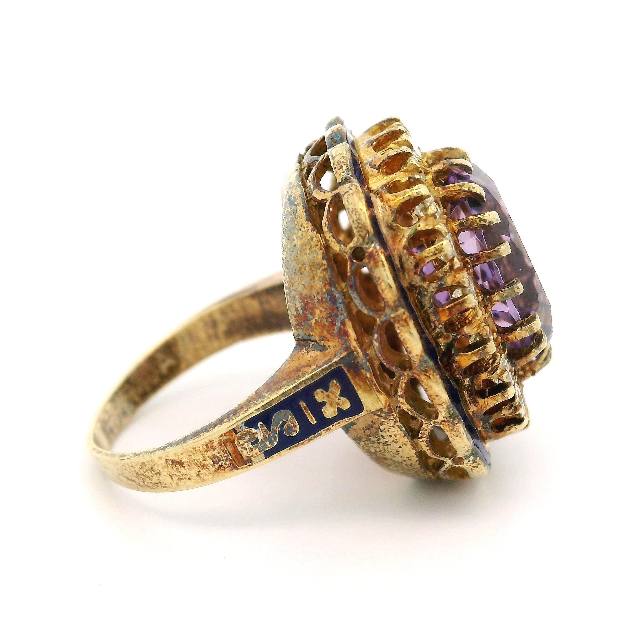 Vintage Yellow Gold Amethyst Diamond Halo Blue Enamel Work Cocktail Ring For Sale 1