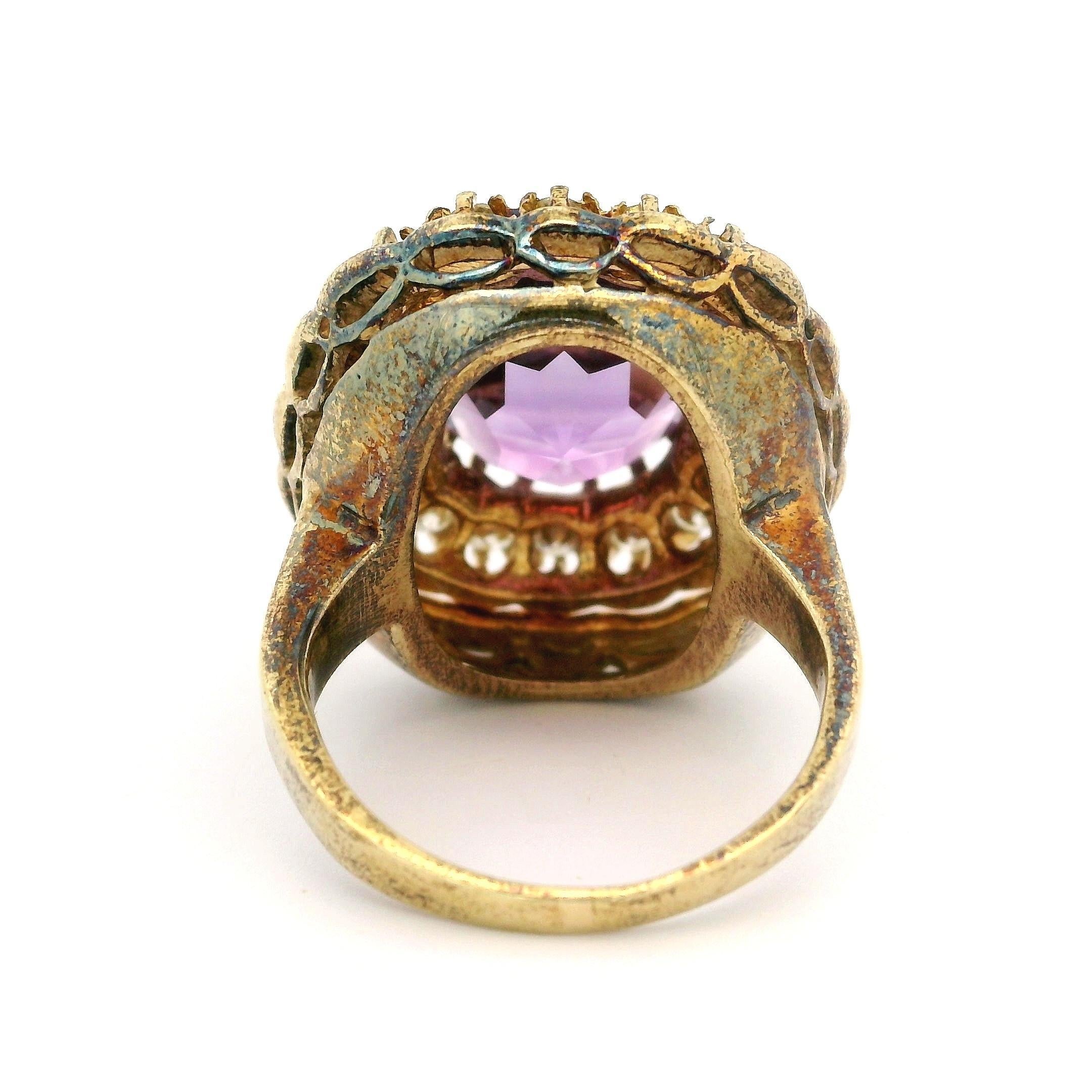 Vintage Yellow Gold Amethyst Diamond Halo Blue Enamel Work Cocktail Ring For Sale 2