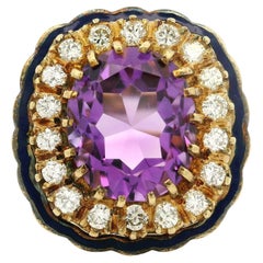 Vintage Gelbgold Amethyst Diamant Halo Blau Emaille Arbeit Cocktail Ring