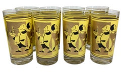 Vintage Yellow Gold and Black Highball Glasses With Serving Waiters - Set of 8