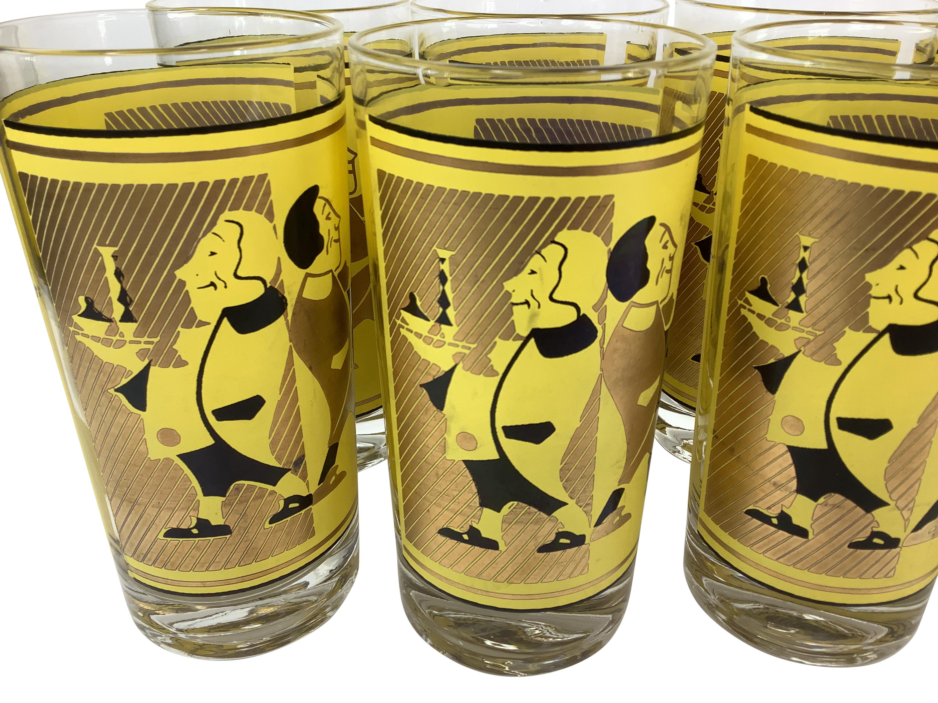 Mid-Century Modern Vintage Yellow Gold and Black Highball Glasses With Serving Waiters - Set of 8 For Sale