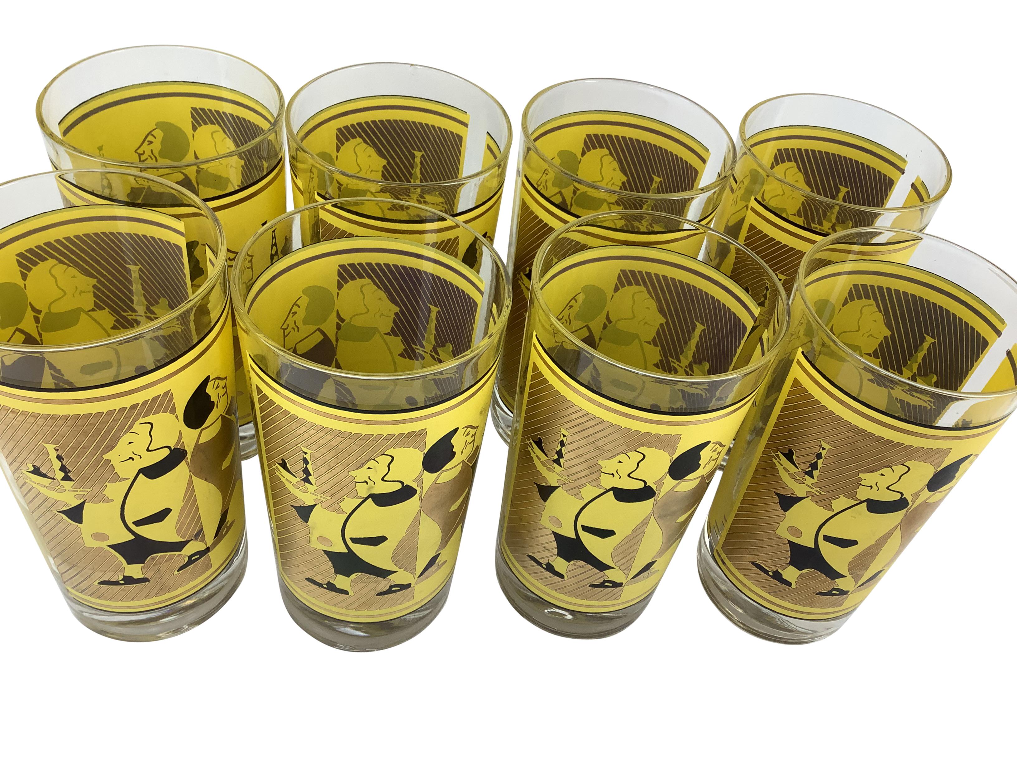 American Vintage Yellow Gold and Black Highball Glasses With Serving Waiters - Set of 8 For Sale