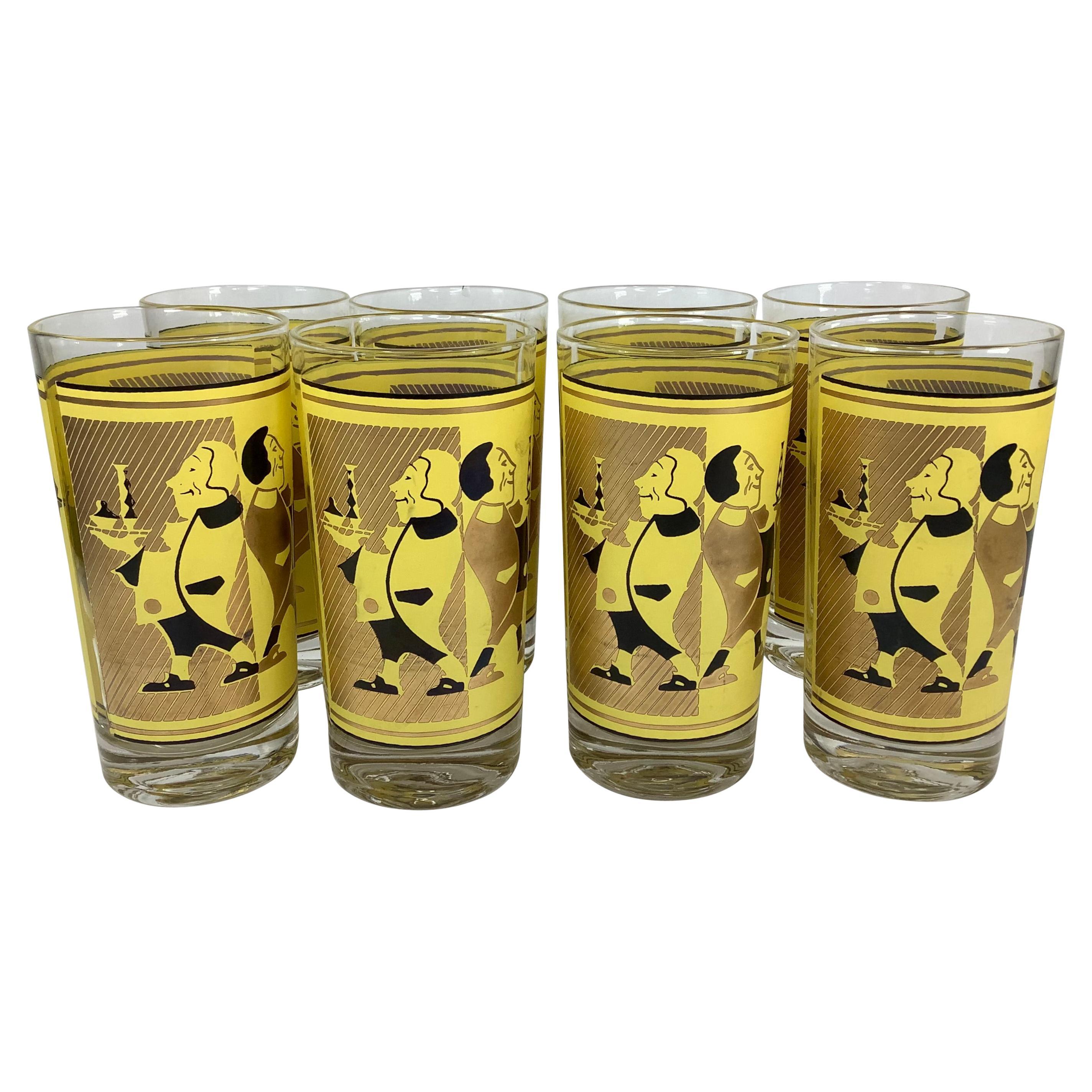 Vintage Yellow Gold and Black Highball Glasses With Serving Waiters - Set of 8 For Sale