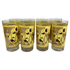 Vintage Yellow Gold and Black Highball Glasses With Serving Waiters - Set of 8