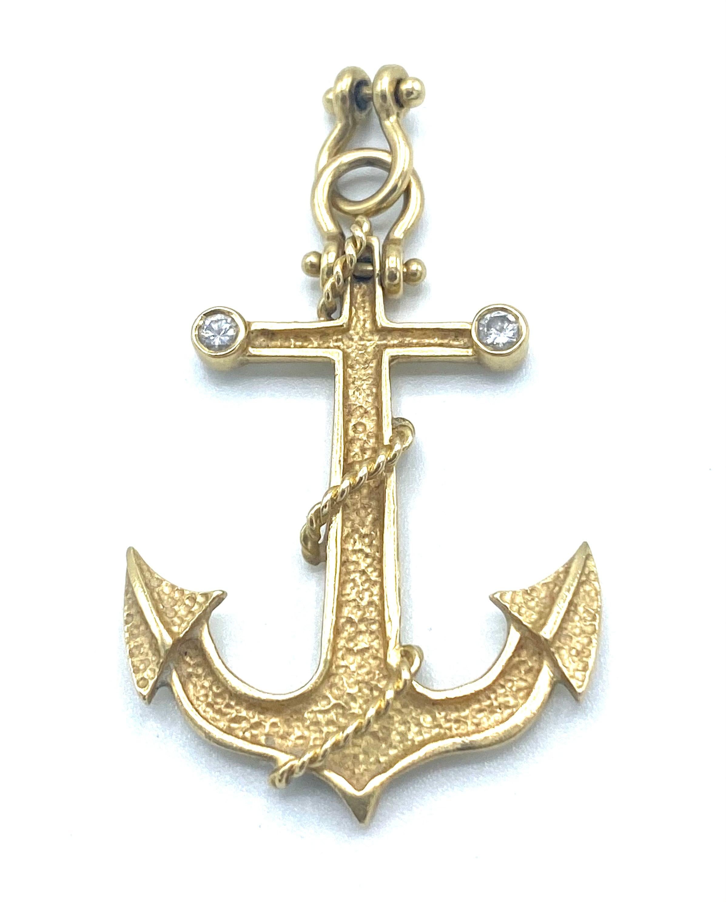 Product details:

The pendant is made out of 18 karat yellow gold and 0.10 cts two round brilliant cut diamonds, featuring nautical and sailor motif. 