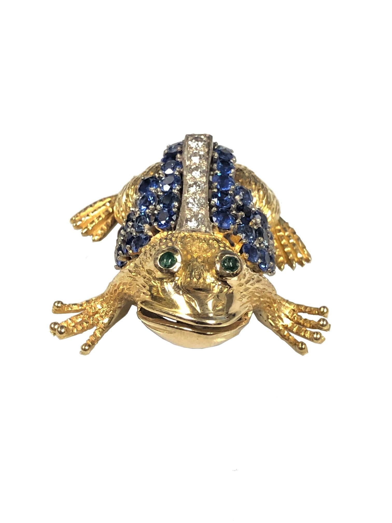 Circa 1970s 14K Yellow Gold Frog Brooch, measuring 1 1/2 X 1 1/2 inch and weighing 17.4 Grams, set with Round Brilliant cut Diamonds totaling 1/2 carat furthers set with Sapphires of very fine color totaling 2 Carats and also set with cabochon