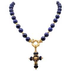 Vintage Yellow Gold and Lapis Lazuli Bead Cross Pendant Necklace