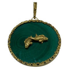 Vintage Yellow Gold and Malachite Astrological Sign Picies Pendant