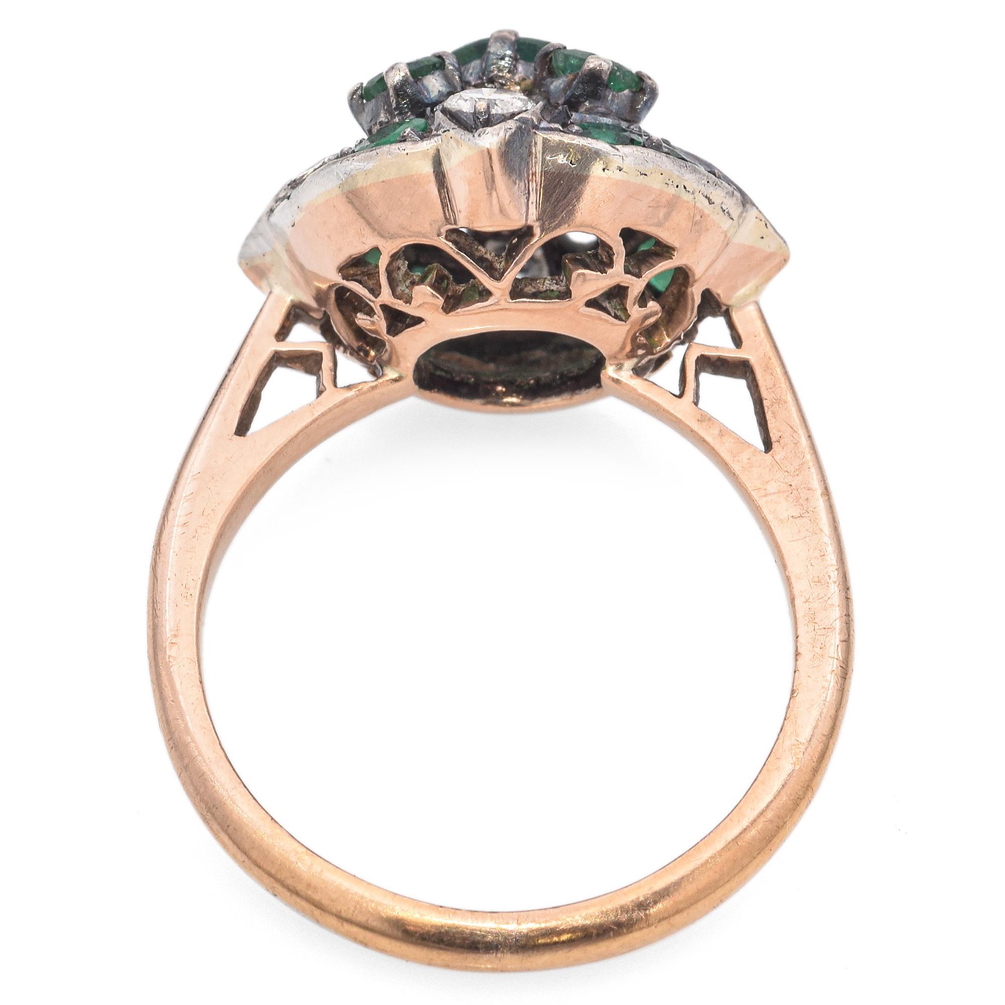 Women's Vintage Yellow Gold and Silver Emerald Diamond Cluster Ring For Sale