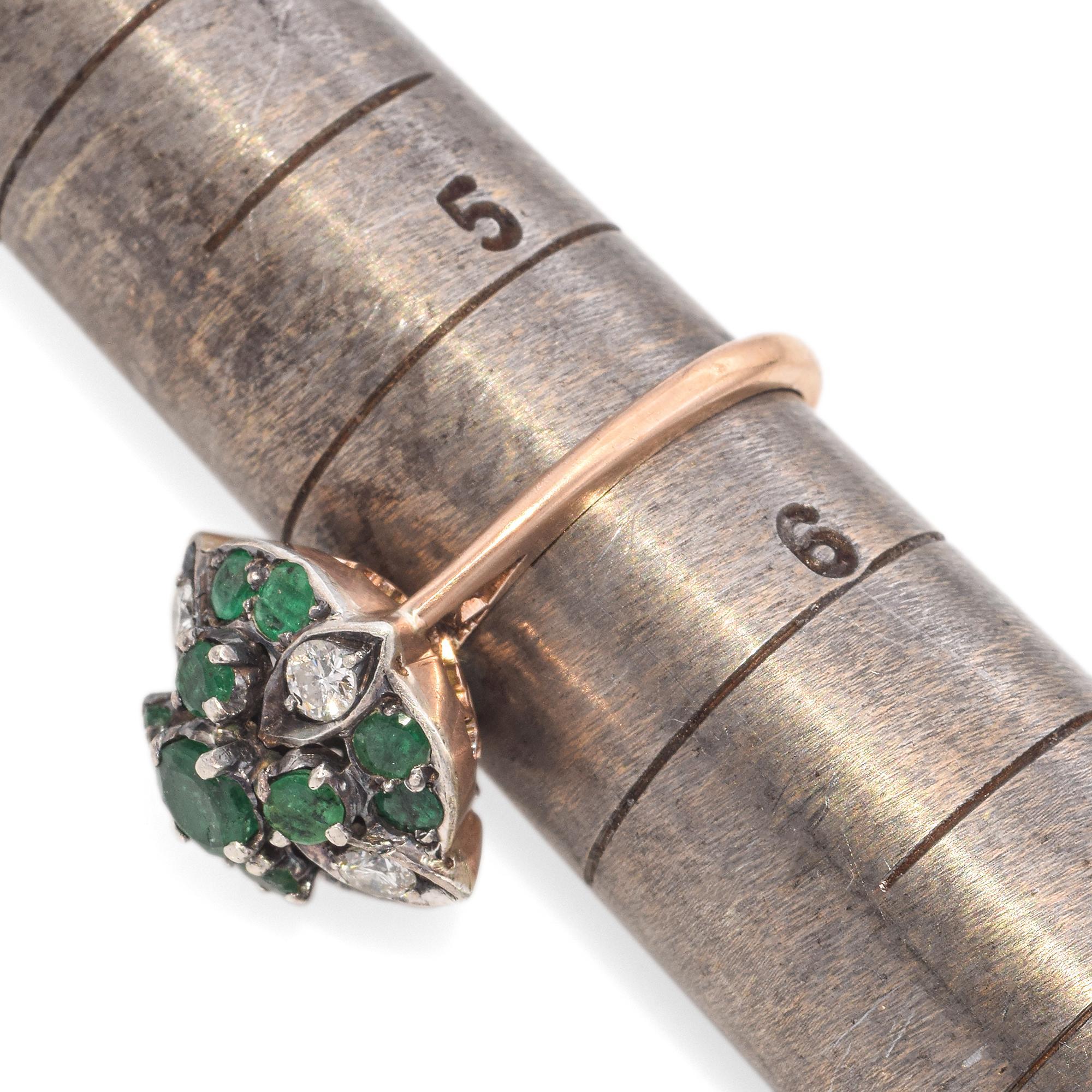 Vintage Yellow Gold and Silver Emerald Diamond Cluster Ring For Sale 1