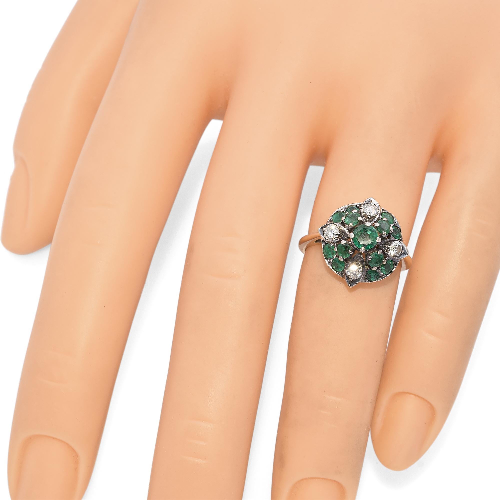 Vintage Yellow Gold and Silver Emerald Diamond Cluster Ring For Sale 2