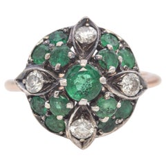 Vintage Yellow Gold and Silver Emerald Diamond Cluster Ring