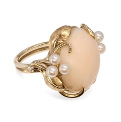 Vintage Yellow Gold Angel Skin Coral and Pearl Floral Ring