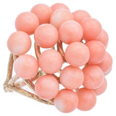 Vintage Yellow Gold Angel Skin Coral Beaded Cluster Cocktail Ring