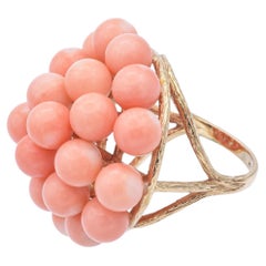 Vintage Yellow Gold Angel Skin Coral Beaded Cluster Cocktail Ring