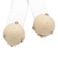 Vintage Yellow Gold Angel Skin Coral Cabochon Clip On Earrings