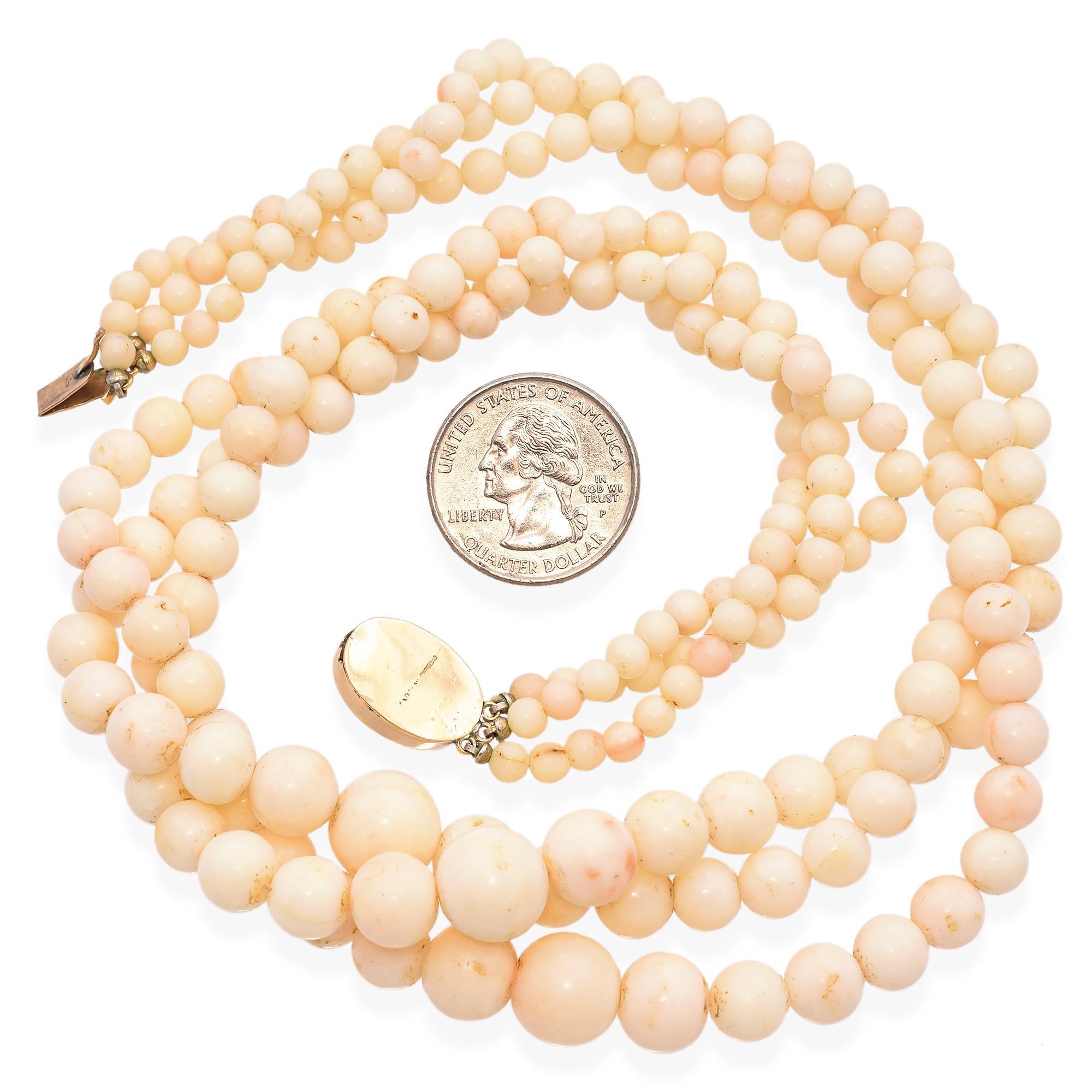 Uncut Vintage Yellow Gold Angel Skin Coral Multi Strand Beaded Strand Necklace For Sale