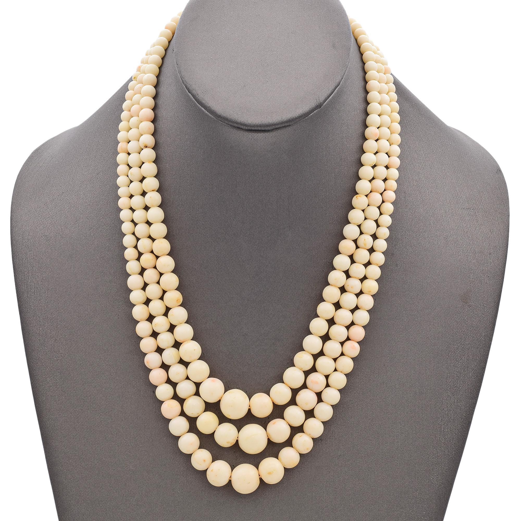 Women's Vintage Yellow Gold Angel Skin Coral Multi Strand Beaded Strand Necklace For Sale