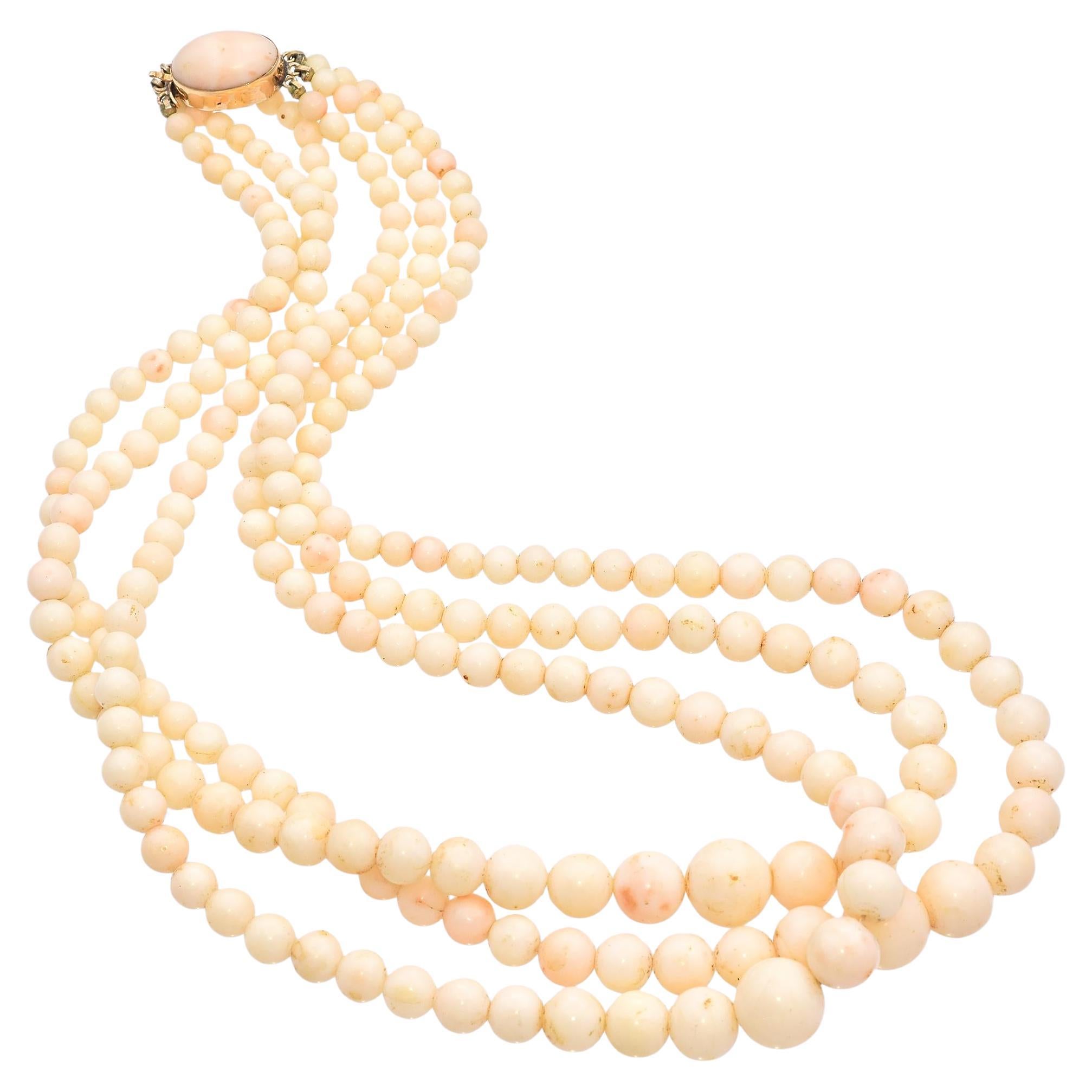 Vintage Yellow Gold Angel Skin Coral Multi Strand Beaded Strand Necklace For Sale