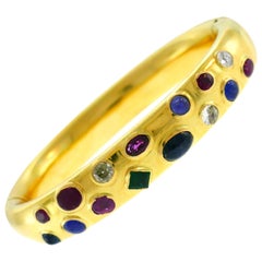 Vintage Yellow Gold Bangle Bracelet with Diamond and Gemstones, 1970s