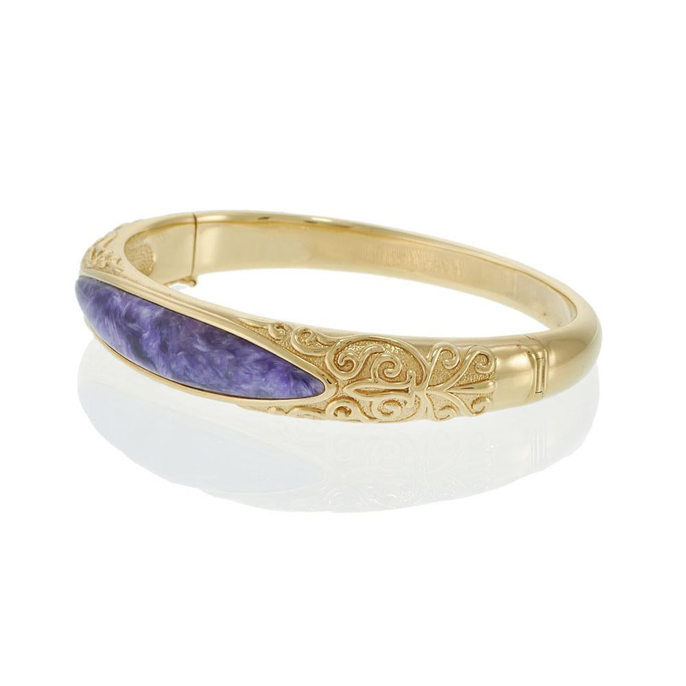 Women's Vintage Yellow Gold Bangle with Scroll Design and Charoite Stone For Sale