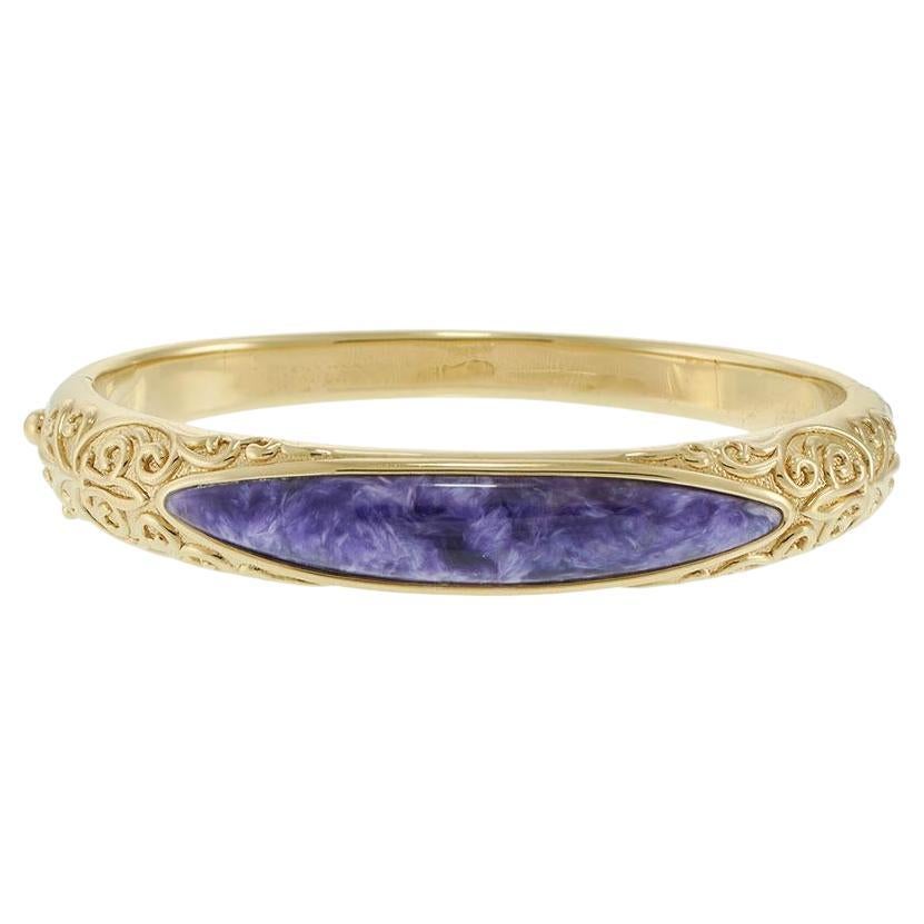 Vintage Yellow Gold Bangle with Scroll Design and Charoite Stone For Sale
