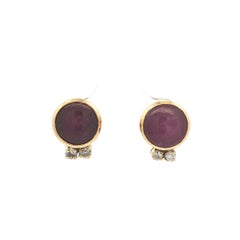 Vintage Yellow Gold Bezel Set Round Star Ruby Diamond Stud Earrings