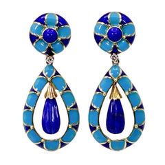 Pendientes colgantes vintage de oro amarillo, esmalte azul, lapislázuli y diamantes, de Martine
