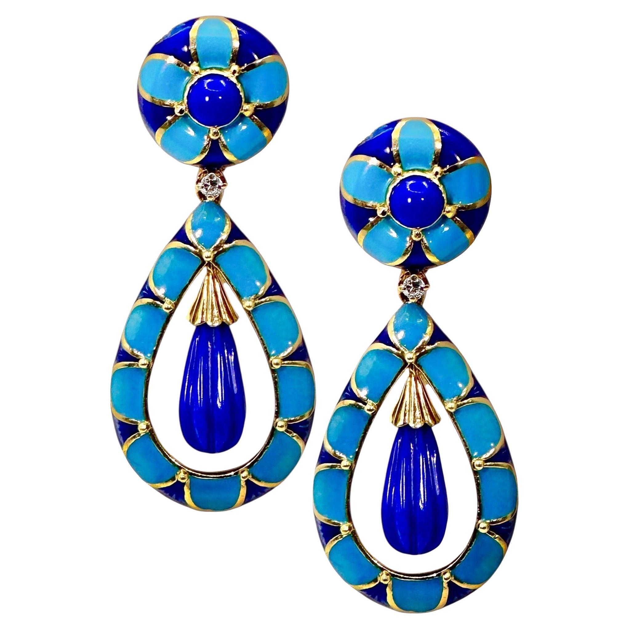 Vintage Yellow Gold, Blue Enamel, Lapis, & Diamond, Dangle Earrings by Martine For Sale