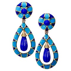 Pendientes colgantes vintage de oro amarillo, esmalte azul, lapislázuli y diamantes, de Martine