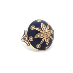 Vintage Yellow Gold Blue Enamel & Seed Pearl Floral Round Domed Platter Ring