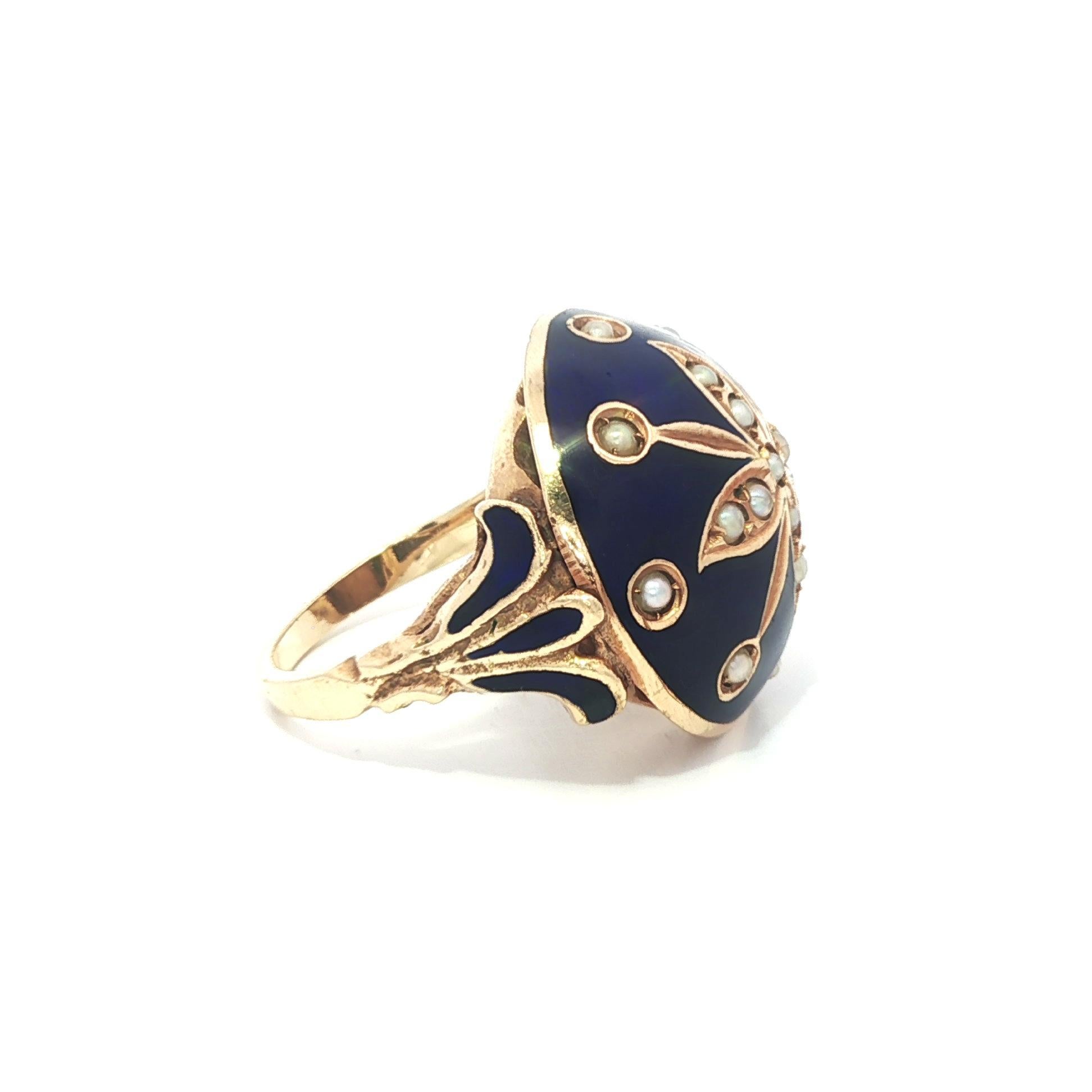 Round Cut Vintage Yellow Gold Blue Enamel & Seed Pearl Floral Round Domed Platter Ring For Sale
