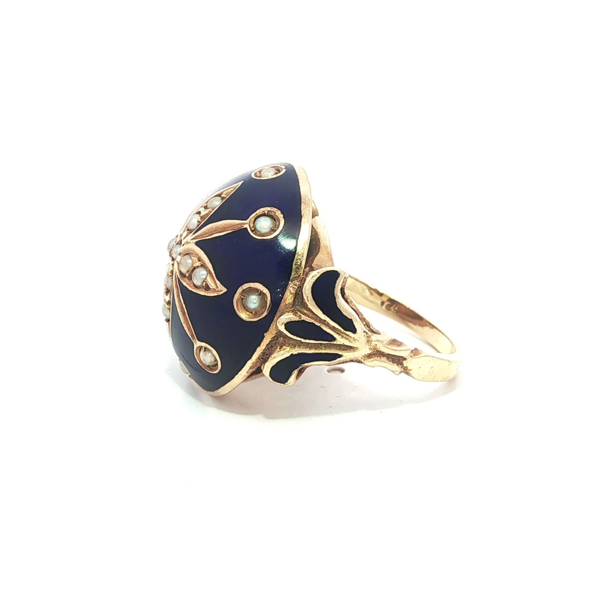 Women's Vintage Yellow Gold Blue Enamel & Seed Pearl Floral Round Domed Platter Ring For Sale