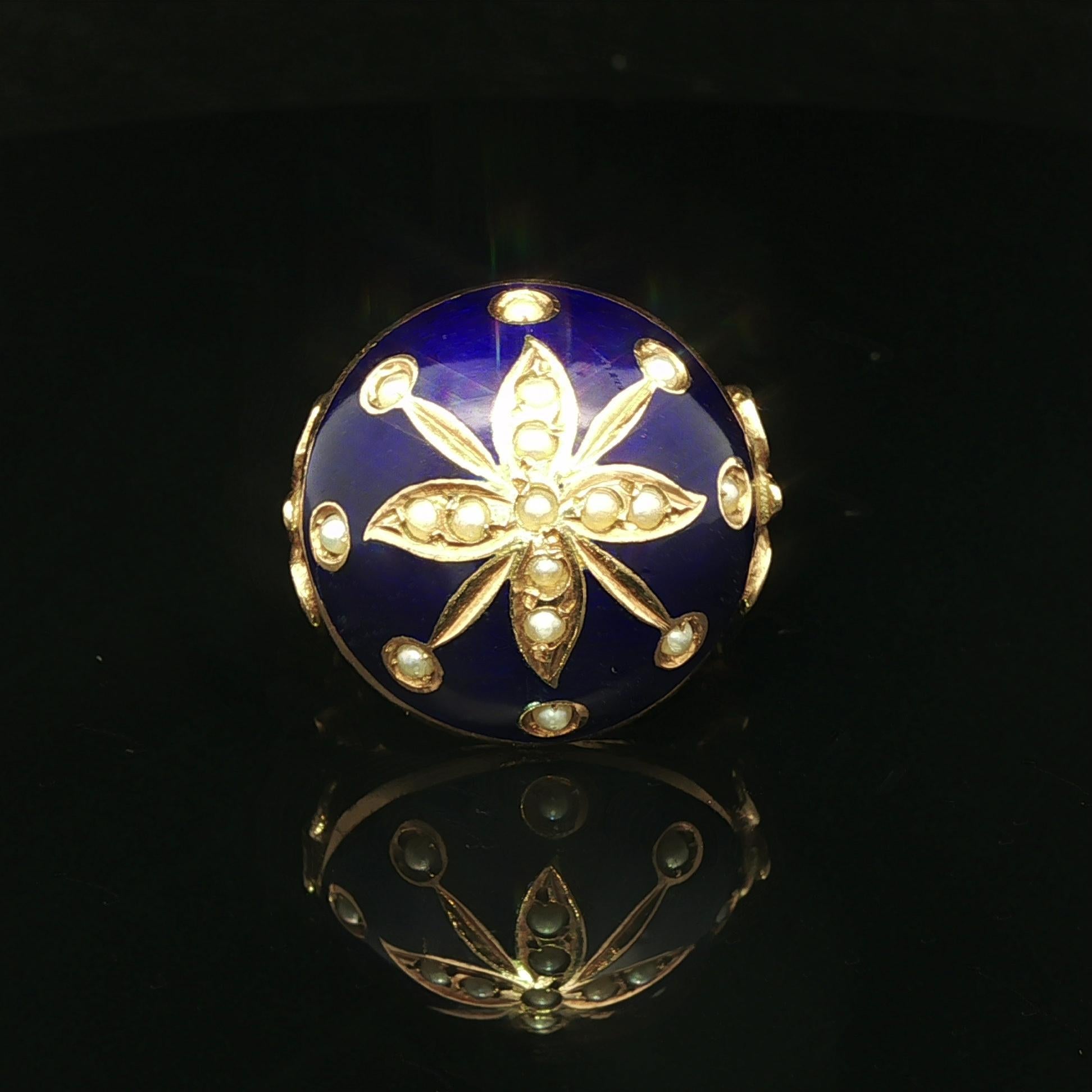 Vintage Yellow Gold Blue Enamel & Seed Pearl Floral Round Domed Platter Ring For Sale 2