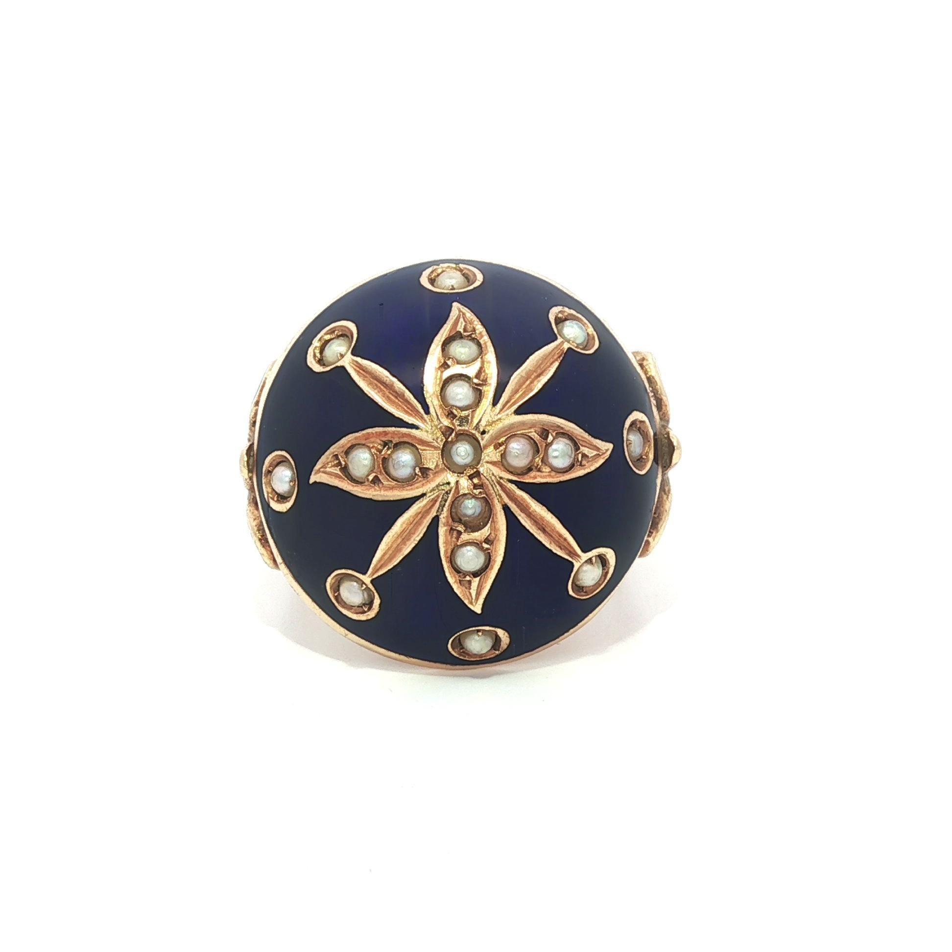 Vintage Yellow Gold Blue Enamel & Seed Pearl Floral Round Domed Platter Ring For Sale 3